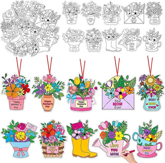 The JAPBOR Mother's Day Coloring Crafts - 83PCS Mothers Day Colour Card Kit for Kid, Color Your Own Flower Hanging Ornament, DIY Paint Drawing Bouquet Paper Craft for Classroom Activities Mom Grandma Gift