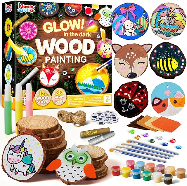 The Klever Kits Wooden Painting Craft Kit-Glow in The Dark- Arts and Crafts for Kids Ages 6-12 Wood Slices with Art Activitiy Supplies, Wood Crafts for Boys Girls Party Gift Easter Painting
