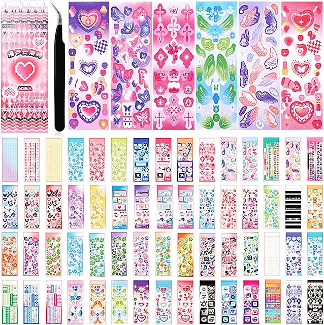 The 1200Pcs Korean Stickers for Photocards Deco Stickers Kpop Book Aesthetic Toploader Sticker Glitter Butterfly Heart Ribbon Flower Alphabet Cute Scrapbook Sticker for DIY Card Art Craft 60-Page