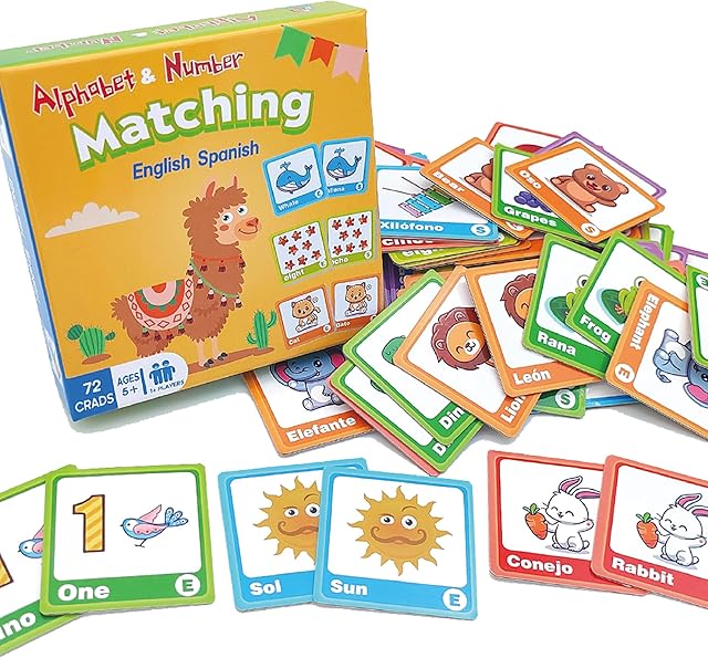 The 72 (36 Pairs) Spanish English Bilingual Alphabet Numbers Memory Matching Game Language Learning Games for ESL and Language Immersion for Teens.