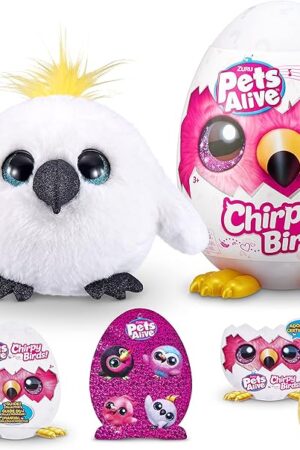 The Pets Alive Chirpy Birds (White Cockatoo) by ZURU, Electronic Pet That Speaks, Giant Surprise Egg, Stickers, Comb, Fluffy Clay, Bird Animal Plush for Girls