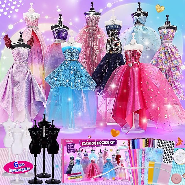 The ONE TO FOUR 800+Pcs Fashion Designer Kits for Girls with 6 Mannequins - Girls Fashion Design Craft Kit, Sewing Kit for Kid 8-12, Birthday Gifts for Teens Girl 6 7 8 9 10 11 12