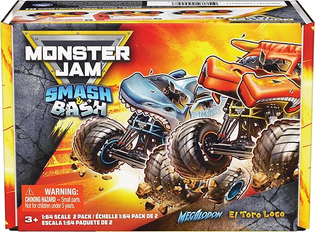 The Monster Jam Smash & Bash 2-Pack Monster Trucks, Megalodon & El Toro Loco, 1:64 Die Cast Repairable Monster Truck, Kids Toys for Boy and Girls Ages 3 and up