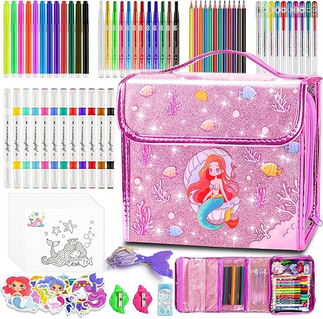 The Mermaid Gifts for Girls, Washable Scented Markers Set for Kids, Include Glitter Pencil Case, Markers, Glitter Pens, Crayons 98Pcs Art Supplies Coloring Kit Birthday Christmas Gifts for Girls