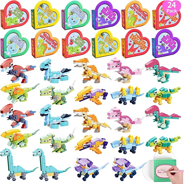 The Fun Little Toys Dinosaur Building Block for Kids with Heart Boxes Dinosaur Valentines Gifts