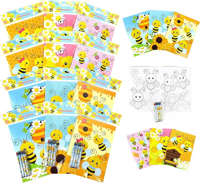 The TINYMILLS Bumble Bees Honeybees Coloring Book and Crayon Set for Kids Party Favors with 12 Coloring Books and 48 Crayons for Birthday Goody Bag Stuffers Carnival Prizes