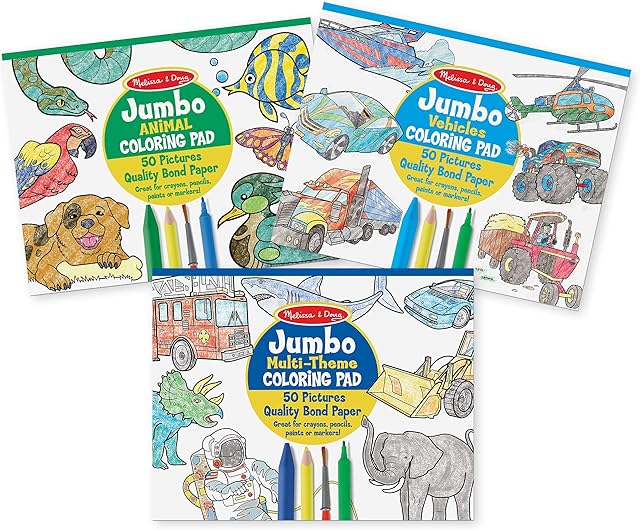 The Melissa & Doug Jumbo 50-Page Kids' Coloring Pads 3-Pack - Animals, Vehicles, and Multi-Themed - FSC Certified