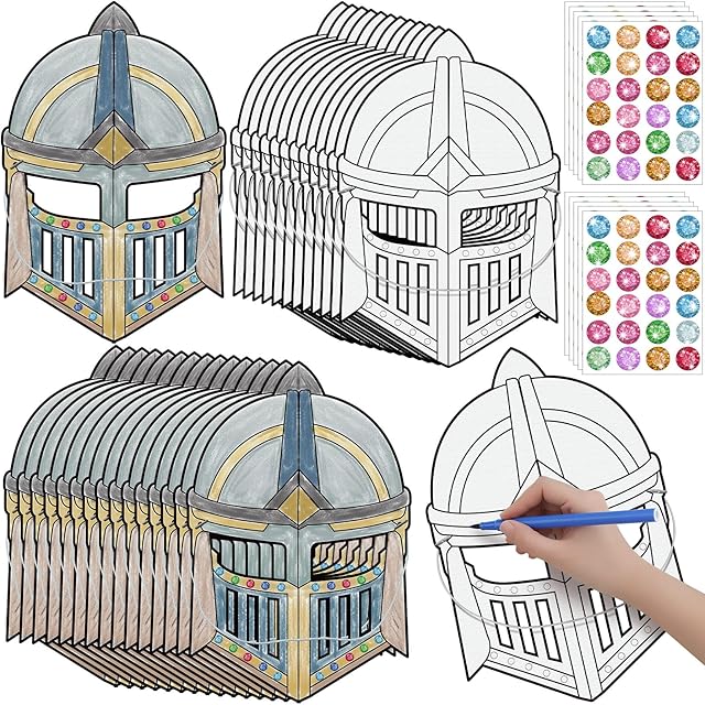 The Blueweenly 24 Pack Color Your Own Knight Mask Craft Kit DIY Knight Paper Mask Party Favors Crafts for Kids and Fun Home Activities Party Dress up Theme Supplies