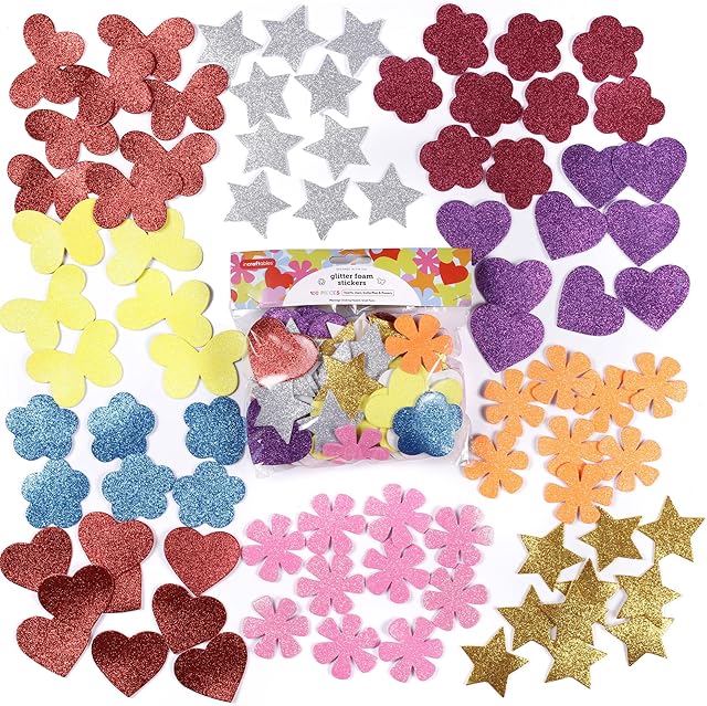 The Incraftables Glitter Self Adhesive Foam Stickers for Kids, 100pcs Heart, Star, Butterfly, Flower Shapes, Multicolor, Felt Material, Modern Style, Indoor Use, Stickers for Kids & Adults