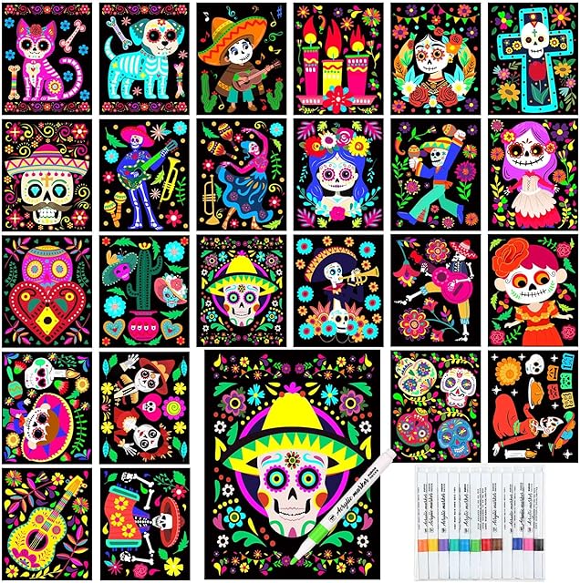 The Zhanmai Pack of 48 Day of The Dead Sugar Skull Velvet Coloring Posters and Watercolor Pens Dia De Muertos Fuzzy Velvet Coloring Posters for Adults Teenagers Large Poster Arts Crafts