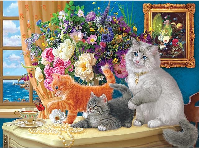 The RoseArt - Fancy Cats -Tea by The Sea - 750 Piece Jigsaw Puzzle for Adults