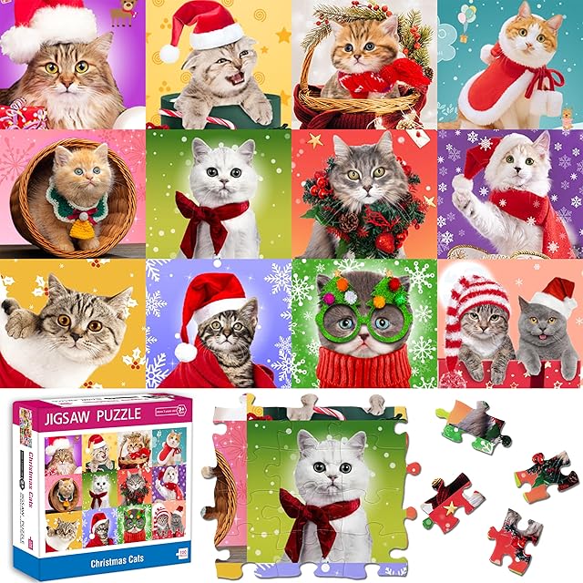 The Christmas Puzzle 100 Piece for Kids - Christmas Cats, Multicolor Jigsaw for Ages 4-8 3-5 8-10, Stocking Stuffers Toys Cat Puzzle for Girls and Boys