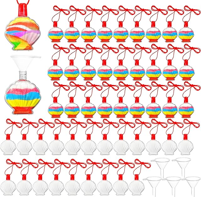 The ZAVOOS 50 Pack Sand Art Bottles, Shell Shaped Plastic Craft Collection Bottle Necklace with Mini Funnels, Sand Art Container Kits for DIY Activity Group, Fun Art Party Supplies Favors
