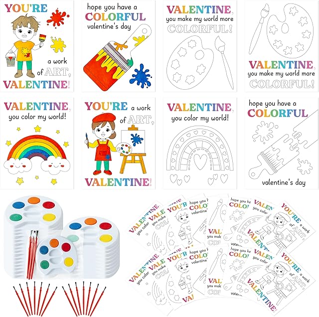 The 24 Pack Valentine’s Day Gifts Mini Watercolor Kids Paint Set, DIY Valentines Greeting Card Watercolor Paint Bulk for Boys Girls School Classroom Exchange Gift Party Favors