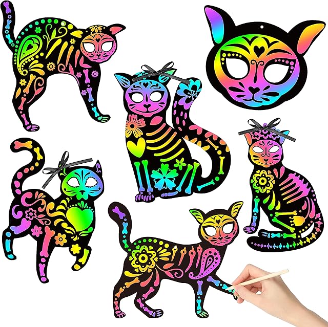 The WATINC 60pcs Day of The Dead Scratch Craft Skeleton Cat Art for Kids, Dia De Los Muertos DIY Magic Halloween Scratch Skull Cat Hanging Ornament, Sugar Skeleton Craft Kit Mexican Party Supplies