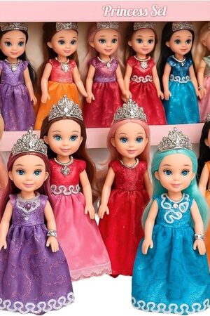 The Princess Dolls Playset – 6 Mini Princess Dolls with Colorful Gowns, Crowns & Jewelry – Fantasy Role Play Set for Kids with Elegant Dresses, Accessories & Royal-Themed Box – Gift for Ages 3+