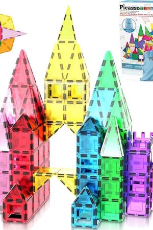 The PicassoTiles Magnet Tile Building Blocks with Car Base Drawstring Storage Travel Bag Carry Case Magnetic Tiles Construction Toy STEM Learning Educational Kit Sensory Playset Preschool Kids 3+ PC61
