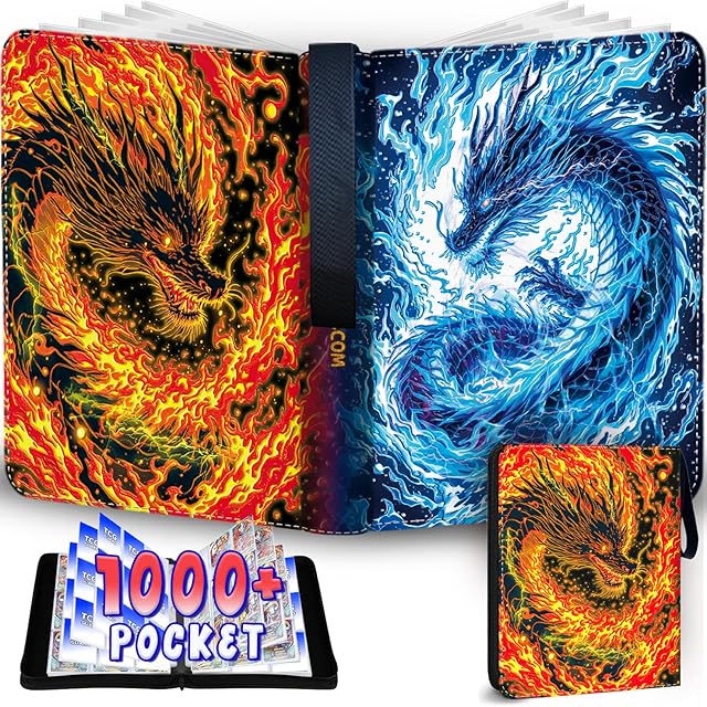 The 1008 Card Binder 9 Pocket Trading Card Binder with 56 Page 3-Ring Removable Sleeves, High Storage Waterproof Card Holder Collection Card Album Carrying Organizer Case for MTG TCG Cards - Double Dragon