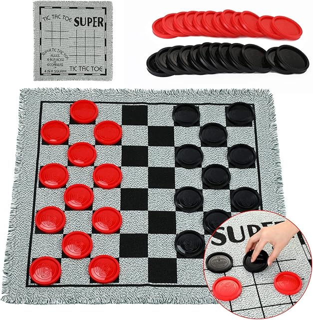 The Giant Checkers Board Game Set,3 in 1 Tic Tac Toe Board Draughts Reversible Rug Game for Kids & Adults, Big Checker Floor Game Mat,Indoor Outdoor Yard Game for Family Camping Party