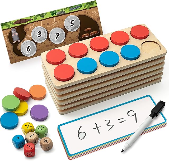 The SYNARRY Wooden Ten-Frame Set Math Manipulatives for Kindergarten Elementary 1st 2nd Grade Homeschooling, Addition and Subtraction Montessori Math Games for Chirldren, Counters Toys for Kids Ages 3-8