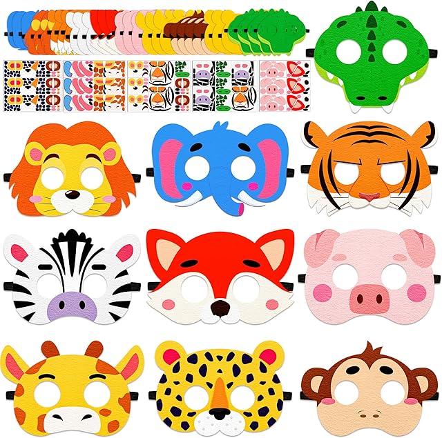 The 80UncleKimby 33PCS Jungle Safari Crafts for Kids - Felt Animal Masks DIY Arts Kit, Zoo Birthday Party Favors Classroom Activities Supplies in Bulk