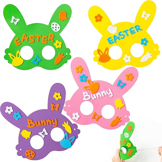 The HubirdSall 16 Packs Easter Bunny Mask Craft Kit for Kids DIY Foam Handicraft Bunny Rabbit EVA Candy-Colored Mask with Stickers, Easter Party Favors, Spring Art Project Family Classroom Activity