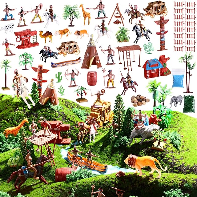 The 81 Pcs Wild West Cowboys and Native American Indian Figures Toys Set Mini Plastic Action Figure Soldiers Playset for Kids with Horse Tent Army Men's War Game Educational Project