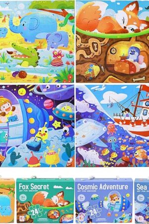 The PhoenixtreeMoon Large Floor Puzzles for Kids Ages 4โ6, 4-in-1 Educational Storytelling Jigsaw Puzzles โ Animal, Sea, Space Themes for Boys and Girls