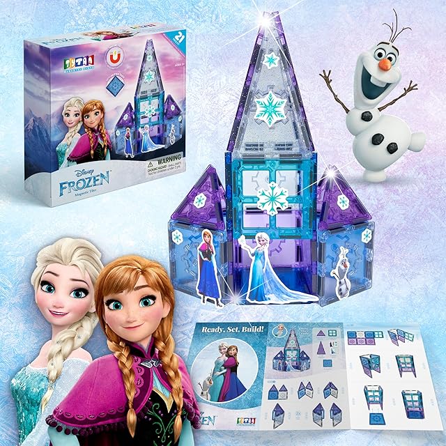The Tytan Toys Disney Frozen Magnetic Tiles Princess Castle - 20-Piece STEAM Building Set with Glitter Tiles & Elsa, Anna, Olaf Stickers - Educational Frozen Toys for Girls Age 3-4+