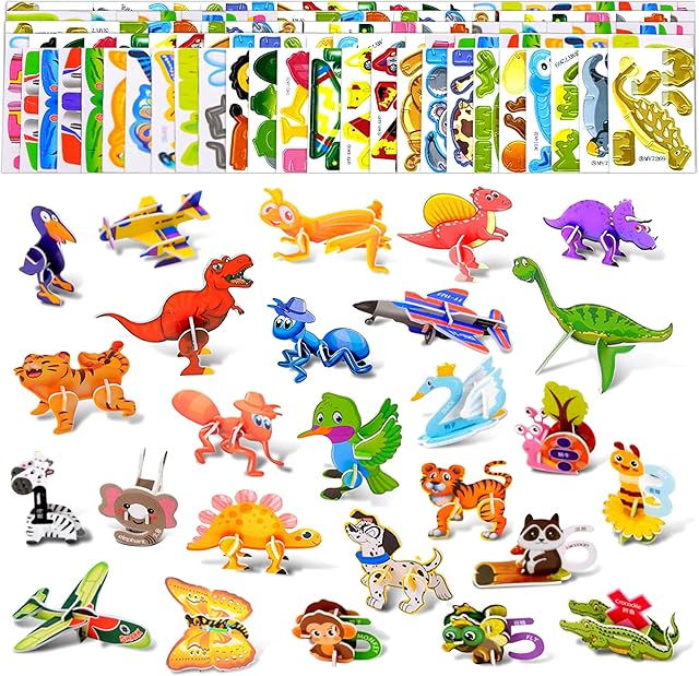 The 125Pcs 3D Cartoon Puzzles for Kids - Including Assorted Insects Airplanes Animals Dinosaur 3D Puzzles DIY Craft Fun Educational Activity for Age 4-8 Birthday Gift Party Supplies Game