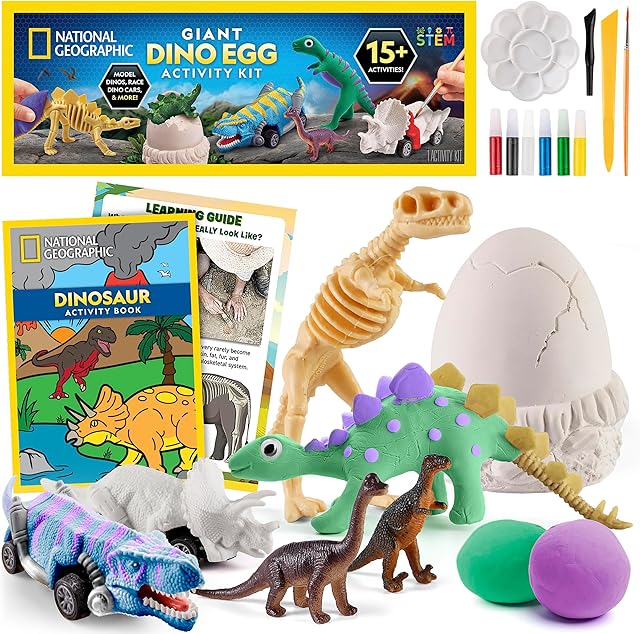 The National Geographic Giant Dinosaur Egg Activity Kit – 15+ Dino Crafts, Painting Cars, Clay Models, Dig Brick, Stickers & Learning Guide, Easter Basket Stuffers, Dinosaur Science Toy for Boys & Girls