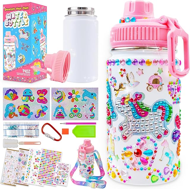 The FTBox Decorate Your Own Water Bottle, Cute Arts and Crafts Gifts Toys for Girls Age 4-12, Unicorn/Mermaid Diamond Painting Crafts Kit for Birthday & Christmas