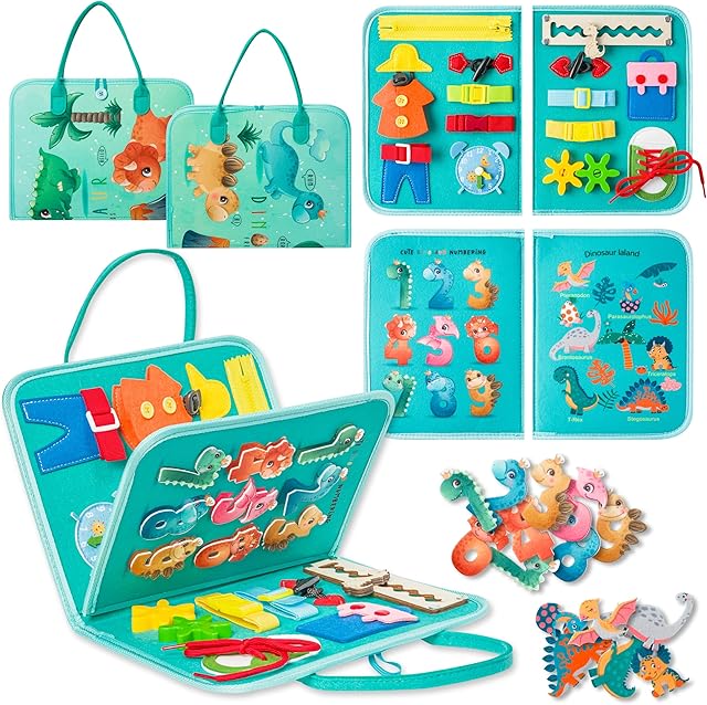 The Toddlers Busy Book Board - Montessori Toys for 1 2 Year Old, Felt Sensory Travel Busy Book, Dinosaur Learning Educational Toy for Plane Car Trip Boy Girl Ages 1-3 3-5 Birthday Gift Preschool