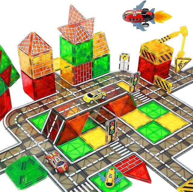 The Magnetic Tiles, Magnetic Blocks Road Tiles Set, Magnets Construction Toys for Kids Ages 3-5 4-8 8-12, Toddlers STEM Preschool Toy Boys Girls Toys with Crane Airplane Car