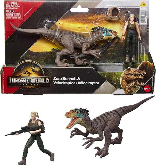 The Mattel Jurassic World Rebirth Human & Dinosaur Figure Pack, Zora Bennett & Velociraptor, Movie-Accurate 3.75 Inch Scale, Posable Collectible
