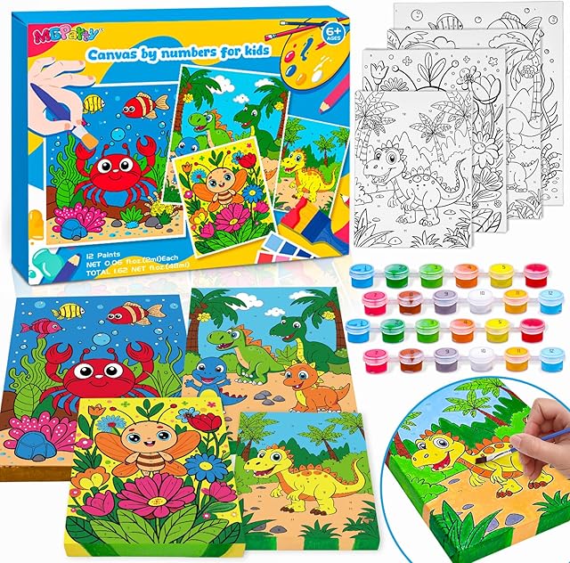 The 4 Pack Paint by Numbers for Kids Ages 6-8 8-12, Pre-Drawn Canvas Painting Kit with 12 Acrylic Paints & 8 Brushes, DIY Canvas Art Kits for Kids Painting Activities, Classroom Crafts, Wall Decor