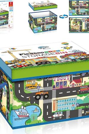 The PicassoTiles Magnet Tile Toy Organizer Foldable City Theme Storage Bin Box with Lid and Handles Magnetic Tiles Building Blocks STEM Educational Pretend Play Playroom Toys Toddler Kids Ages 3 Up PTA33