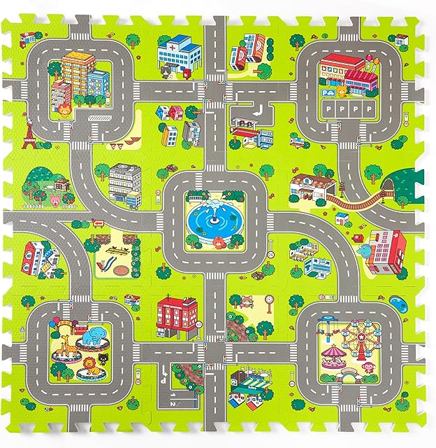 The Baby Play Mats for Floor, Foam Play Mat, Interlocking Foam Tiles City Road Track Puzzle Mat 9 Pieces