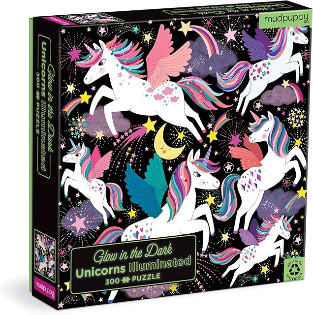 The Mudpuppy Unicorns Illuminated 300 Piece Glow in The Dark Family Puzzle, Glow in The Dark Pieces, Whimsical Illustrations; Hours of Challenging Puzzle Fun, 7+