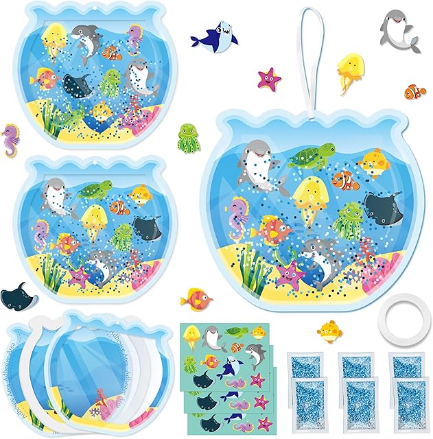 The WATINC Summer Ocean Animals Aquarium Scene DIY Crafts Kit, Make Fish Tank Under The Sea Animals Craft Art with Glitter Sequins Sugar Papers, Sea World Party Favors for Kids School Classroom (12Pcs)