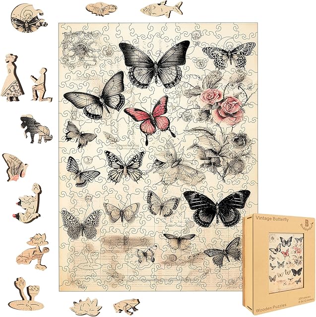 The Wooden Puzzles for Adults, Butterfly Jigsaw Puzzles 5MM Thickness,200 Pieces Animal Unique Shape Puzzles with Wooden Box, Family Game Gift Fun Challenging Puzzle for Adults and Kids
