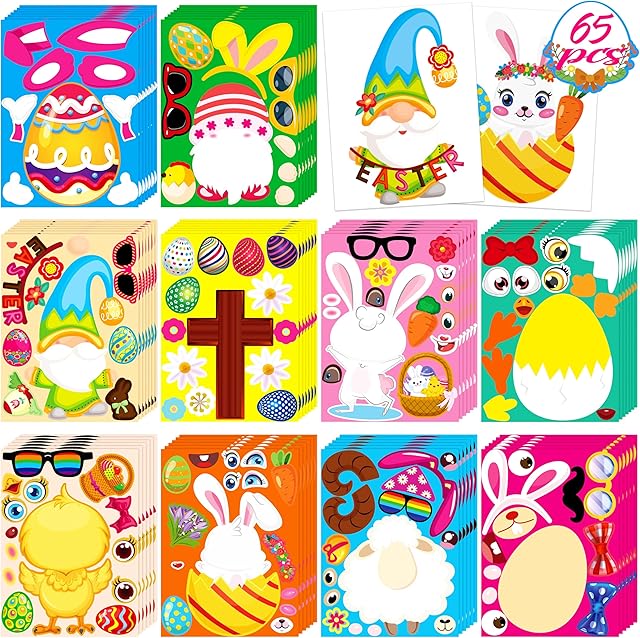 The 65Sheets Easter Stickers Crafts for Kids - Make-a-Bunny/Egg/Gnome/Sheep Games, Basket Stuffers Gifts Activities Party Favors Supplies (Small Size)