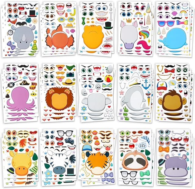 The JOYIN 90 PCS 9.8?x6.7 Make-a-face Sticker Sheets Make Your Own Animal Mix and Match Sticker Sheets with Safaris, Sea and Fantasy Animals Kids Party Favor Supplies Craft
