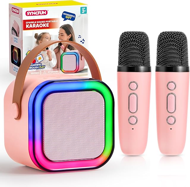 The SYNCFUN Karaoke Machine, Mini Karaoke Machine with 2 Wireless Microphones for Kids and Adults, Bluetooth Speaker Toys, Birthday Girls Gift for Ages 3,4, 5, 6,7, 8,9,10,11,12+ Years Old(Pink)