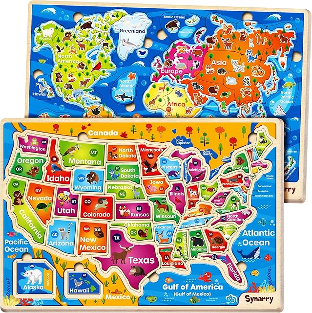 The SYNARRY Large USA World Wooden Puzzles for Kids Ages 4-6, Learning United States World Maps Puzles for Kids Ages 6-8, Wood Jigsaw Puzzles Educational Games Toys Gifts for Boys Girls Ages 3-8