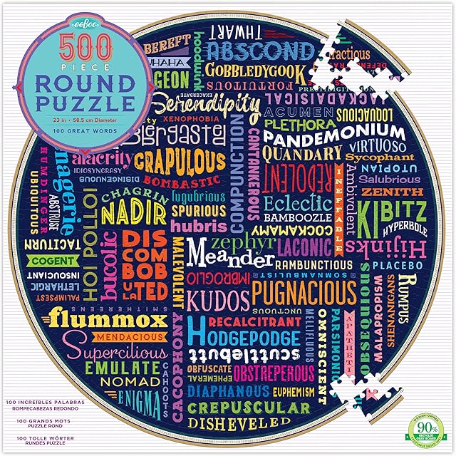 The eeBoo: Piece and Love 500 100 Great Words Piece Round Circle Jigsaw Puzzle, High-Quality Puzzle for Adults and Families, Glossy, Sturdy Pieces and Minimal Puzzle Dust