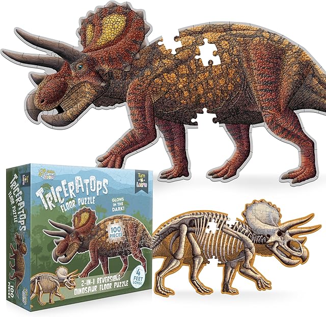 The Triceratops Dinosaur Jigsaw Puzzle | 100-Piece Double Sided Floor Puzzle with Glow-in-The-Dark Skeleton On Other Side | 4 FT Scientifically Accurate Dino Illustration | Educational Toy for Kids