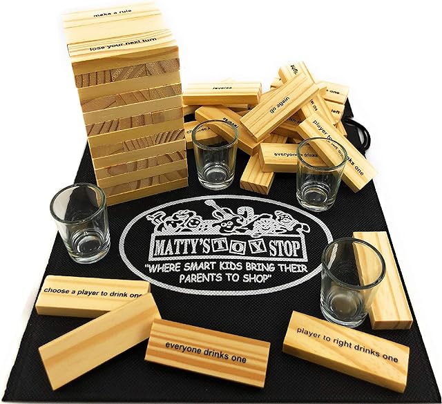The Homeware Deluxe Drunken' Tower The Grab A Piece Adult Party Game with Exclusive Matty's Toy Stop Storage Bag - Adult Party Game
