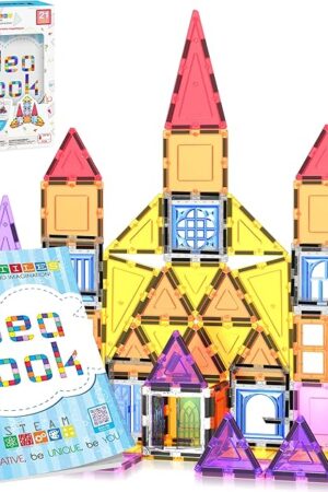 The PicassoTiles 21pcs Magnetic Tiles Magnet Toys Building Blocks Construction Set with 110+ Pages IdeaBook STEM Learning Playset Toddlers Educational Fun Play Kids Boys Girls Sensory Toys Ages 3+ PT03