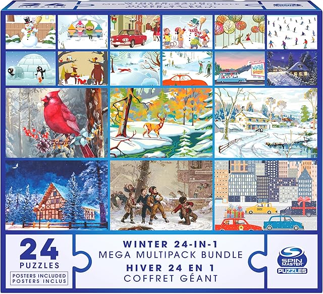 The 24 Jigsaw Puzzle Bundle, Holiday Winter Snow Illustration Landscape, 1000, 500, 300, 100, 48, 24 Pieces, for Kids and Adults Ages 8 and up